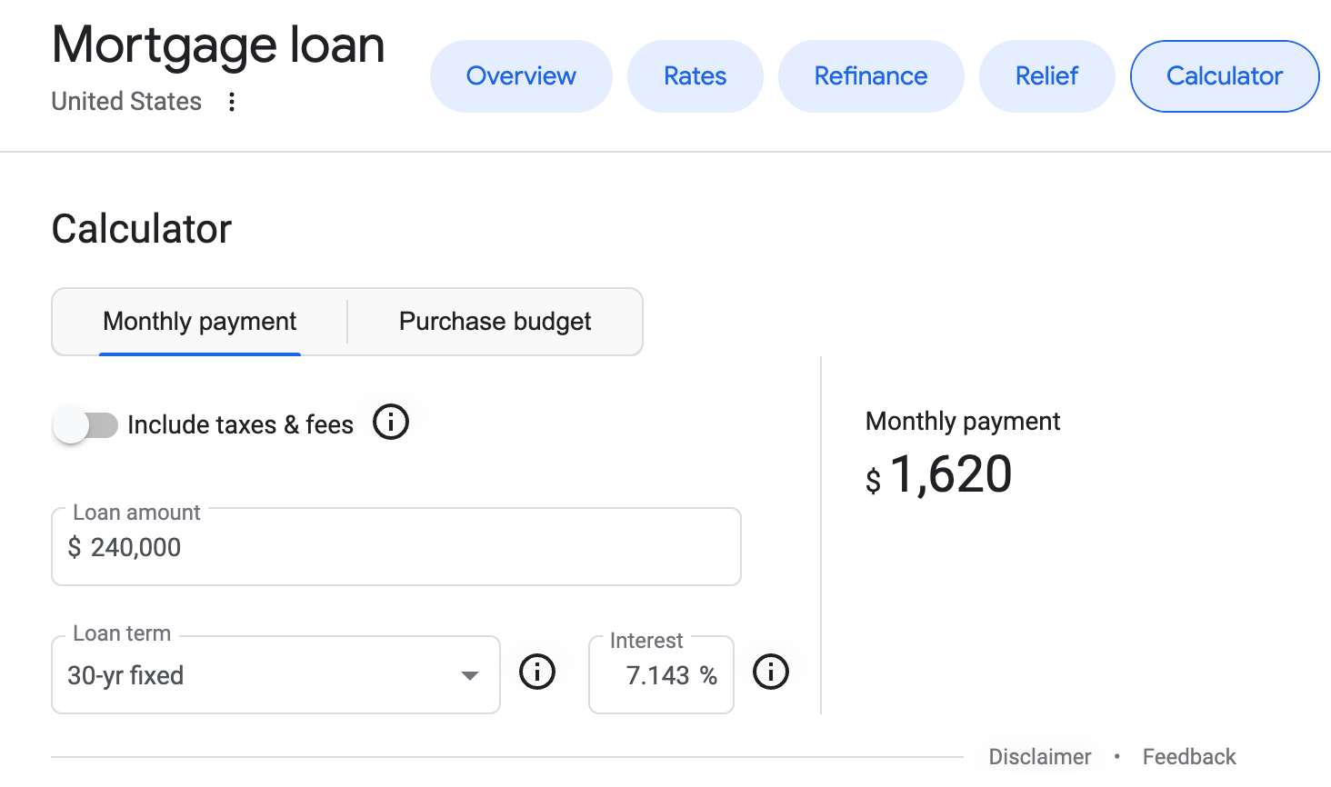 Google's mortgage calculator widget