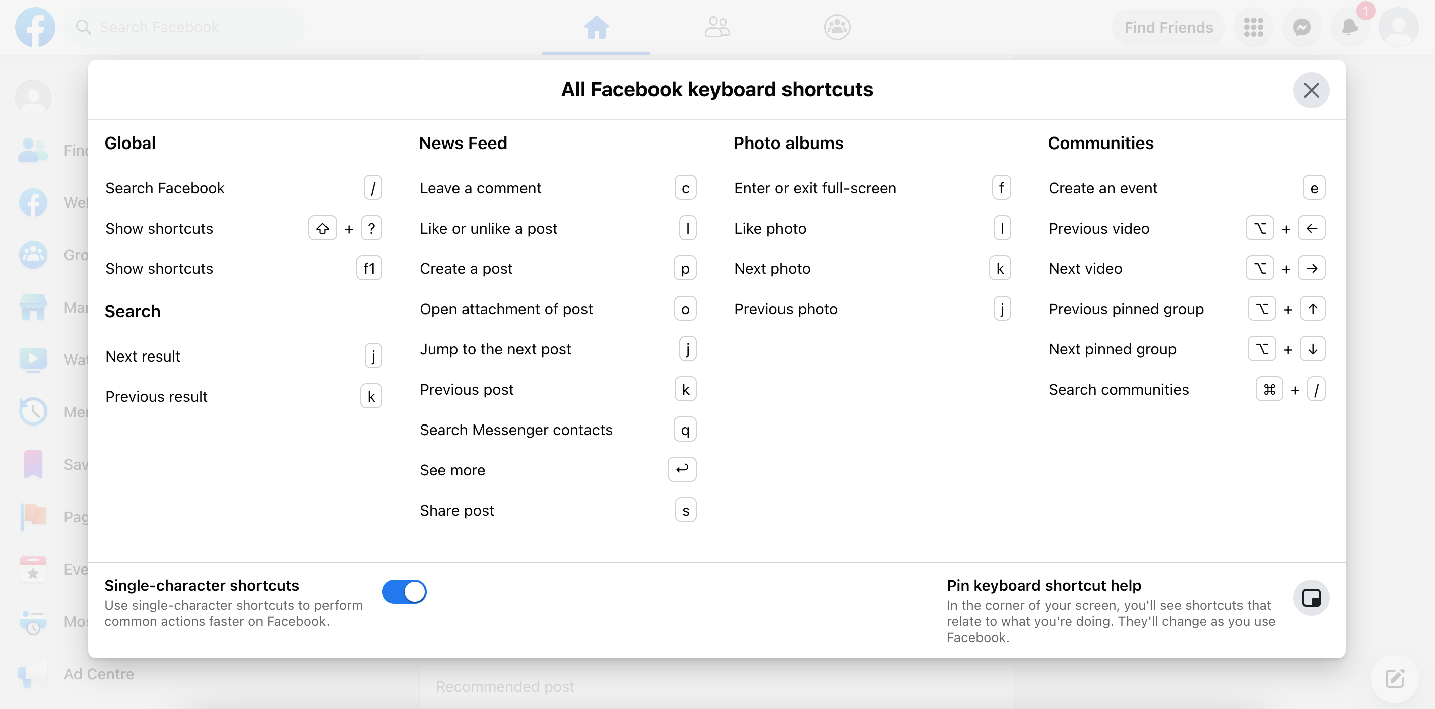 Facebook news feed shortcuts